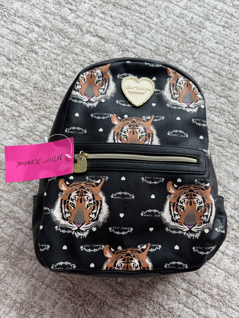 Betsey Johnson Black Tiger Print Kids Backpack With Gold Heart Accent